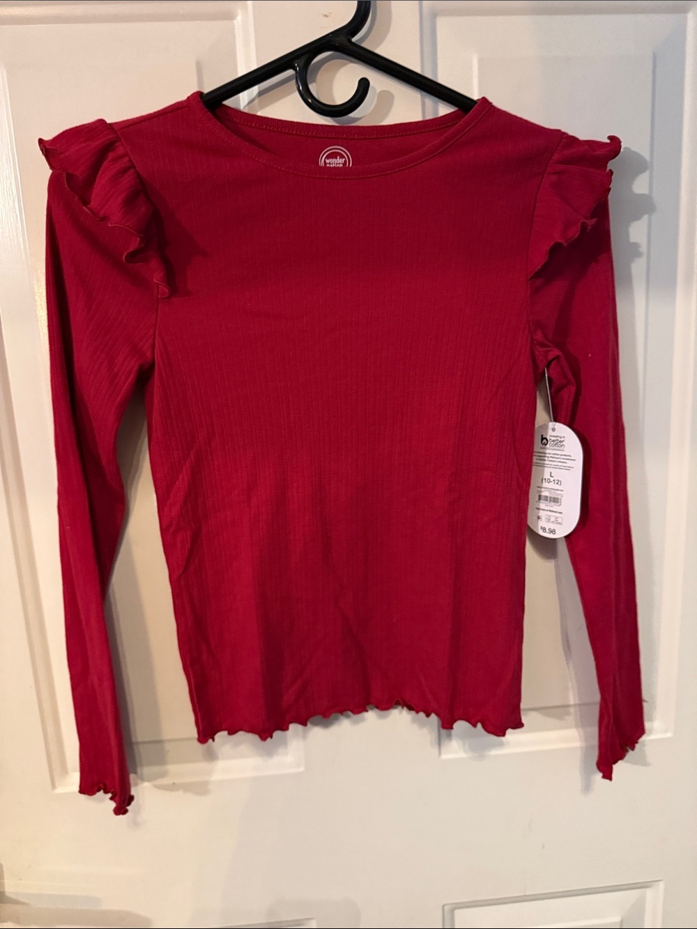 Wonder Nation Red Long-Sleeve Ribbed Top with Ruffle Shoulders